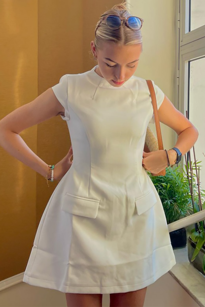 Round Neck Short Sleeve A-Line Solid Color Mini Dresses-White-Hayhty.All Rights Reserved.