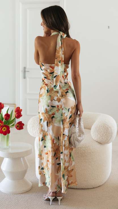 Floral Print Halter Backless Flowy Vacation Maxi Dresses-Hayhty.All Rights Reserved.
