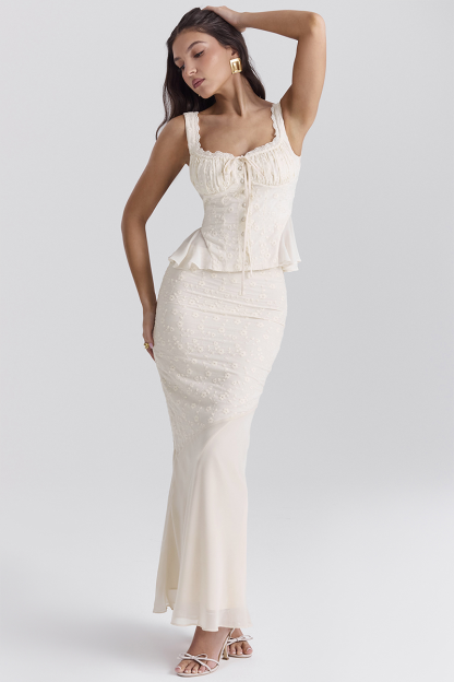 Floral Embroidery Ruffled Top Bodycon Maxi Skirt Matching Set-Ivory-Hayhty.All Rights Reserved.