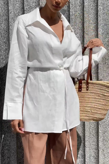 Turndown Collar Long Sleeve Tie Up Solid Color Side Slit Blouse-White-Hayhty.All Rights Reserved.