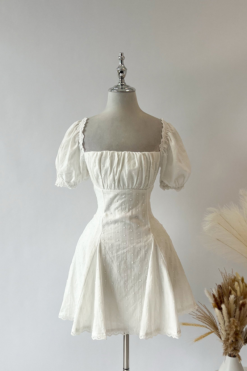 Square Neck Puff Sleeve Striped Godets Mini Dresses-White-Hayhty.All Rights Reserved.