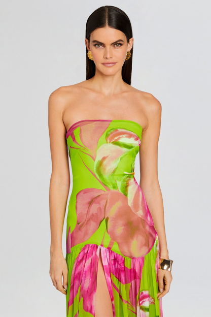 Floral Print Slim Fit High Slit Vacation Maxi Tube Dresses-Green-Hayhty.All Rights Reserved.
