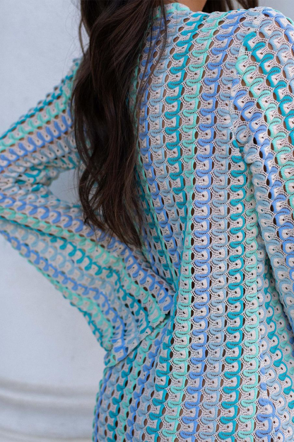 Crochet Abstract Striped Pattern Deep V Neck Flare Sleeve Slit Maxi Dresses-Green-Hayhty.All Rights Reserved.