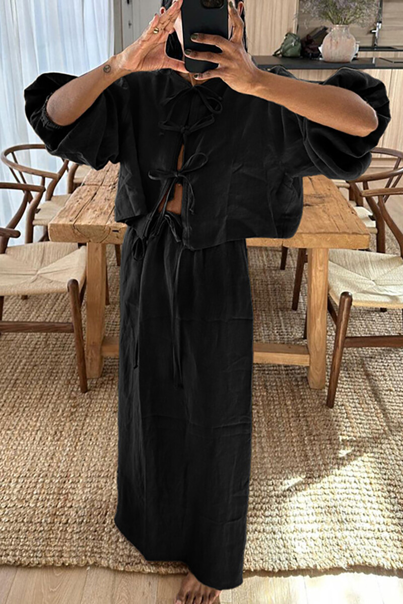 Puff Sleeve Front Tie Up Blouse Solid Color Maxi Skirt Matching Set-Brown-Hayhty.All Rights Reserved.