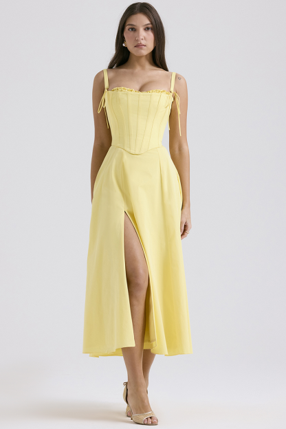Spaghetti Strap Corset A-Line Slit Hem Midi Dresses-Yellow-Hayhty.All Rights Reserved.