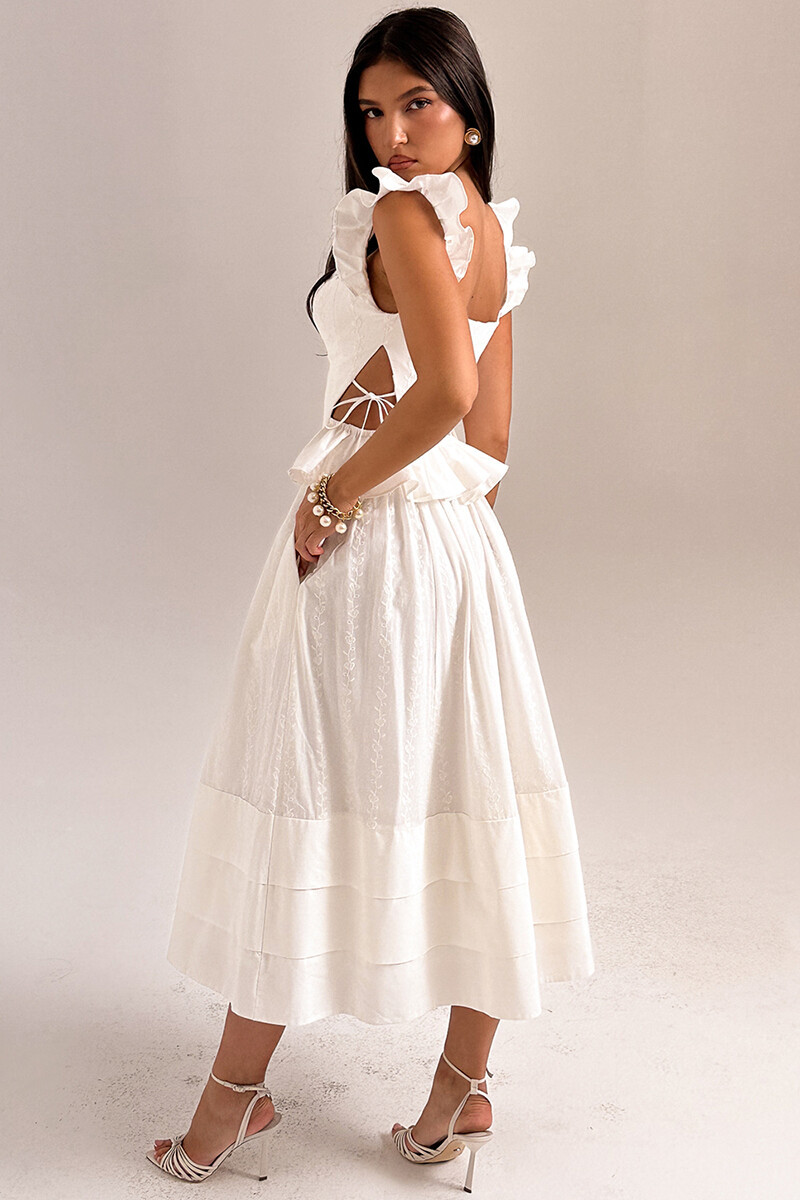 Side Cutout Embroidery Ruffled Corset Midi Skirt 2pcs Set-White-Hayhty.All Rights Reserved.