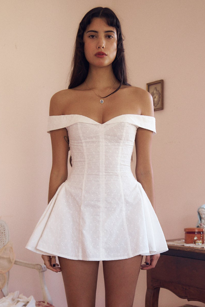 Off Shoulder Cinch Waist Jacquard Mini Dresses-White-Hayhty.All Rights Reserved.