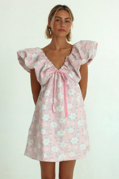 Floral Print V Neck Puffy Sleeve Tie-Up Ribbon A-Line Mini Dresses-Pink-Hayhty.All Rights Reserved.