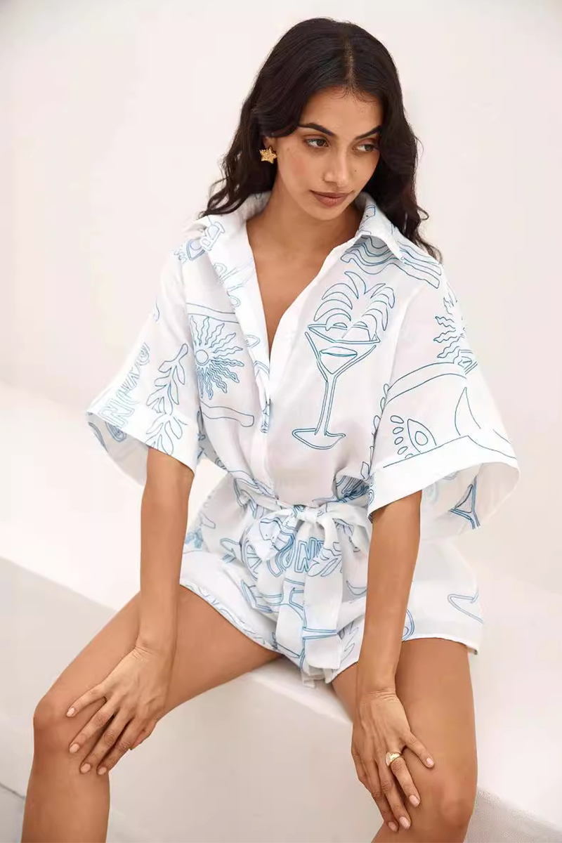 Vacation Doodle Print Half Sleeve Tie Belt Loose Fit Playsuit Romper-White-Hayhty.All Rights Reserved.