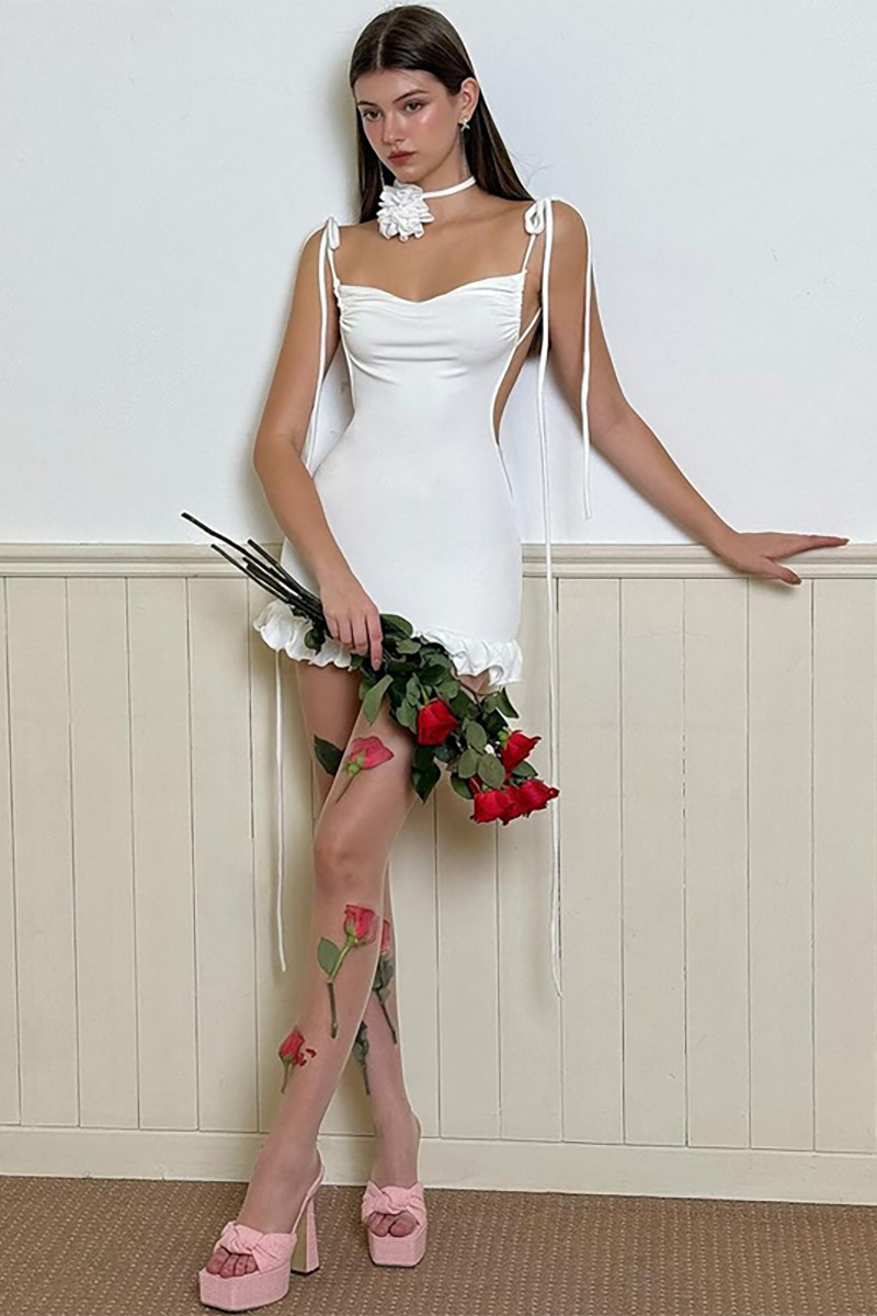 Tie Up Shoulder Straps Slim Fit Backless Ruched Ruffled Mini Dresses-White-Hayhty.All Rights Reserved.