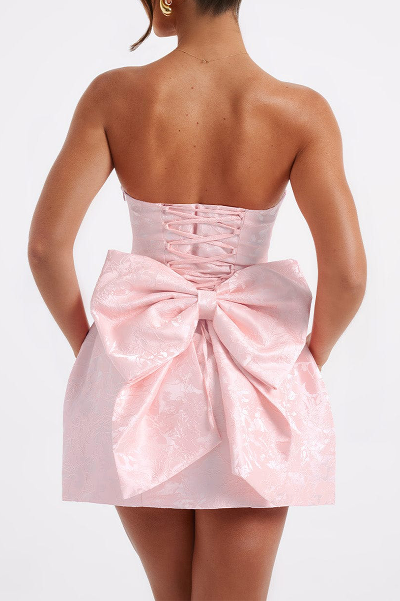 Jacquard Boat Neck A-Line Puffy Hem Back Bow Cocktail Party Mini Dresses-Pink-Hayhty.All Rights Reserved.