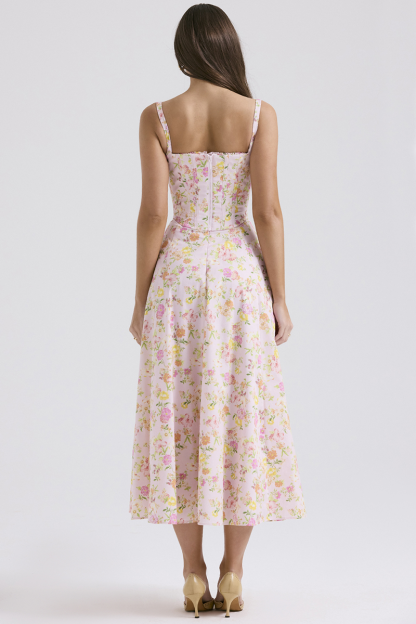 Floral Print Cami Corset A-Line Midi Dresses-Pink-Hayhty.All Rights Reserved.