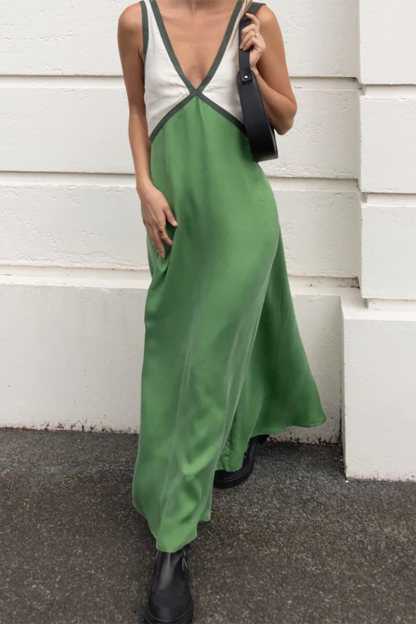 Deep V Neck Colorblock Loose Fit Maxi Tank Dresses-Green-Hayhty.All Rights Reserved.