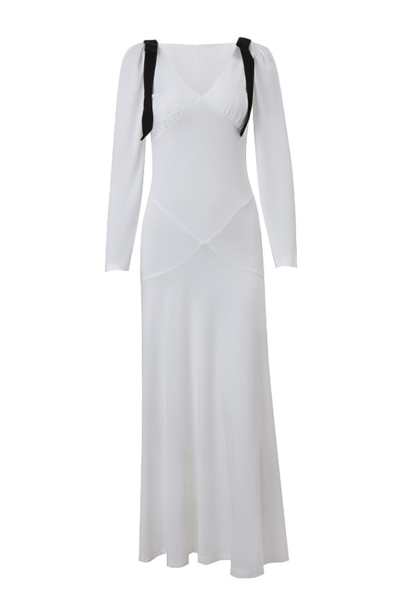 Colorblock Bow Juliet Sleeve Deep V Neck Cinch Waist Maxi Dresses-White-Hayhty.All Rights Reserved.