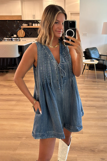 V Neck Front Tie Up Sleeveless Loose Fit Denim Casual Playsuit Romper-Blue-Hayhty.All Rights Reserved.