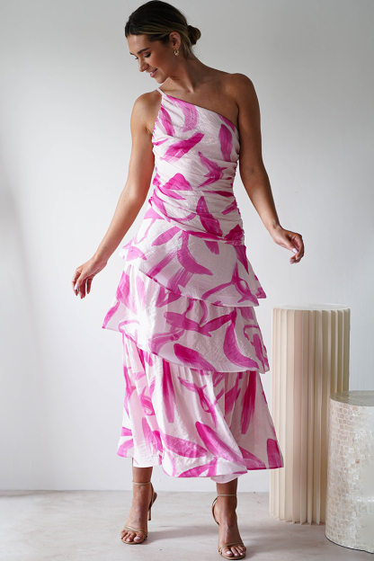 Pattern Print Tiered Hem One Shoulder Midi Dresses-Pink-Hayhty.All Rights Reserved.