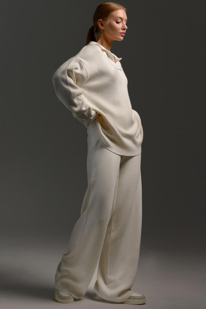 Knit Turndown Collar Sweater Plain Wide Leg Pants Matching Set-Beige-Hayhty.All Rights Reserved.