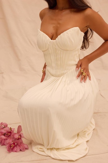 Strapless Corset Pleated Elegant Party Gown Midi Dresses-White-Hayhty.All Rights Reserved.