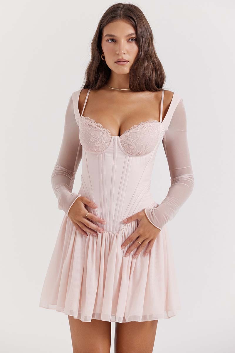 Mesh Long Sleeve Corset A-Line Pleated Ballet Style Mini Dresses-Hayhty.All Rights Reserved.