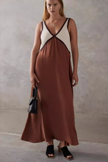 Deep V Neck Colorblock Loose Fit Maxi Tank Dresses-Green-Hayhty.All Rights Reserved.