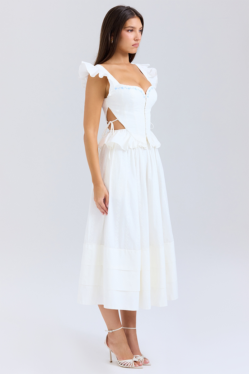 Side Cutout Embroidery Ruffled Corset Midi Skirt 2pcs Set-White-Hayhty.All Rights Reserved.