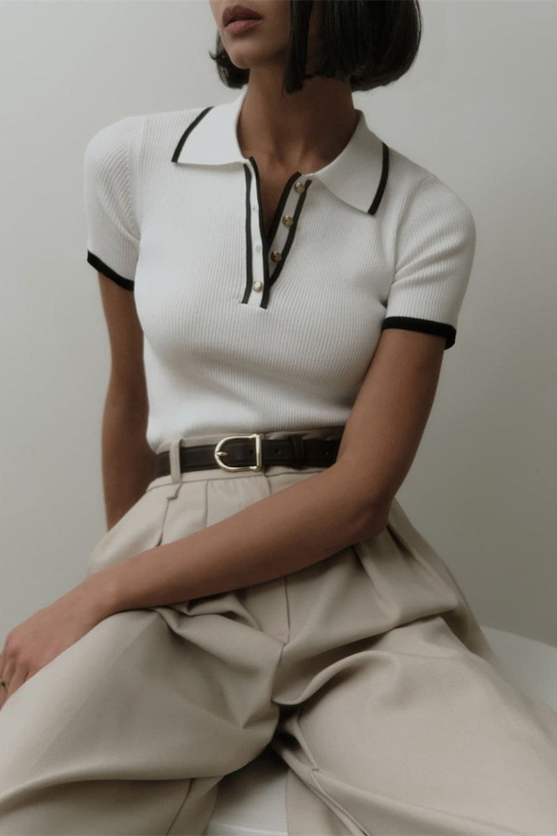 Short Sleeve Turndown Collar Half Button-Up Colorblock Trim Knit Top-White-Hayhty.All Rights Reserved.