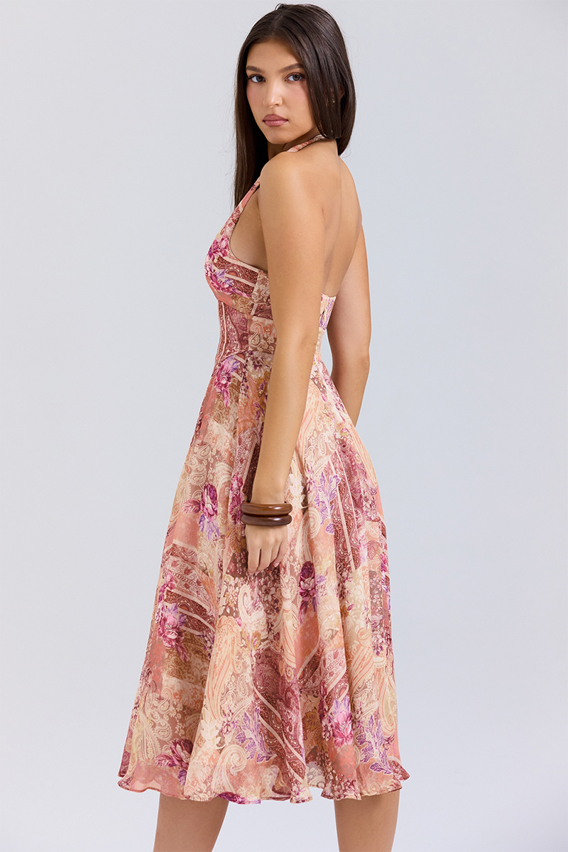 Floral Paisley Mixed Print Cinch Waist Halter Midi Dresses-Purple-Hayhty.All Rights Reserved.