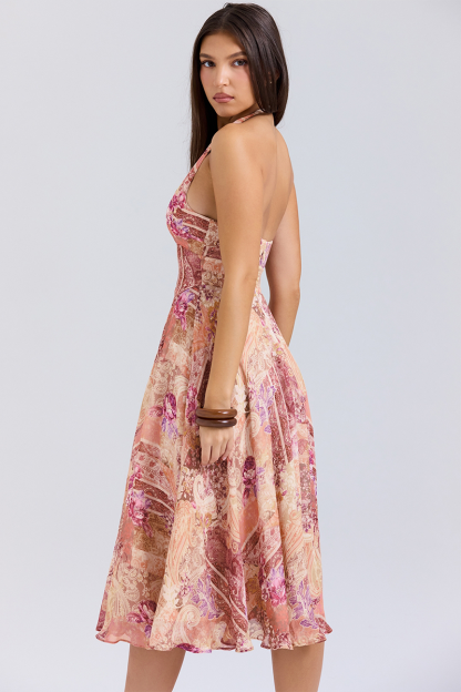 Floral Paisley Mixed Print Cinch Waist Halter Midi Dresses-Purple-Hayhty.All Rights Reserved.