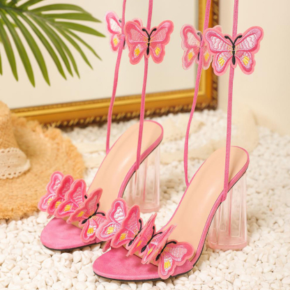 3D Embroidery Butterfly Lace Up Peep Toe Crystal Chunky Heels-Hayhty.All Rights Reserved.