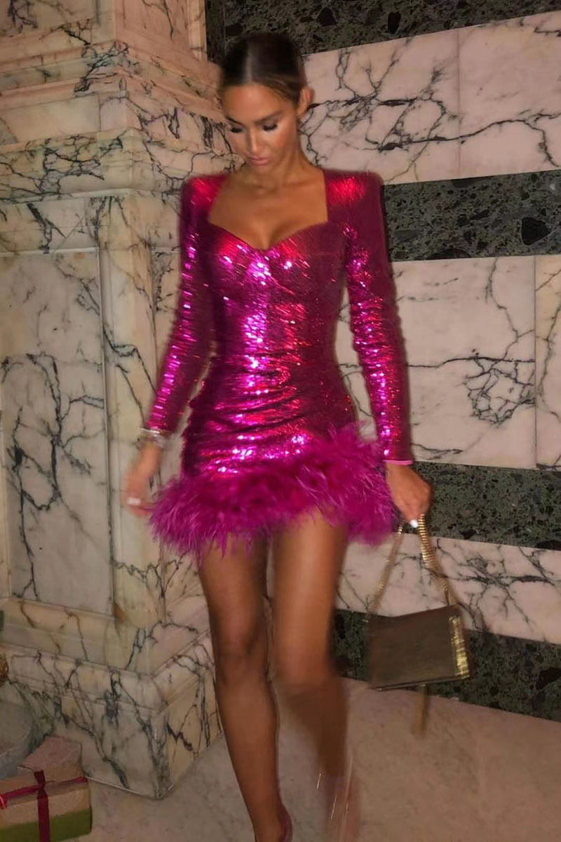 Feather Sequin Long Sleeve Ruched Cocktail Party Mini Dresses-Hayhty.All Rights Reserved.