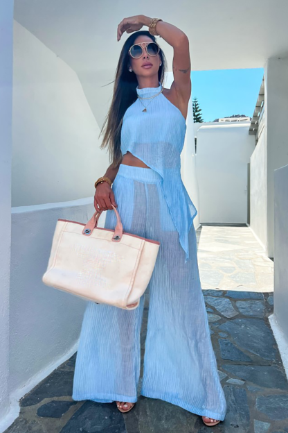 High Neck Sleeveless Irregular Top Wide Leg Pants 2pcs Set-Blue-Hayhty.All Rights Reserved.
