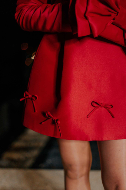 Off Shoulder Long Sleeve Bow Decor Cinch Waist Mini Dresses-Red-Hayhty.All Rights Reserved.