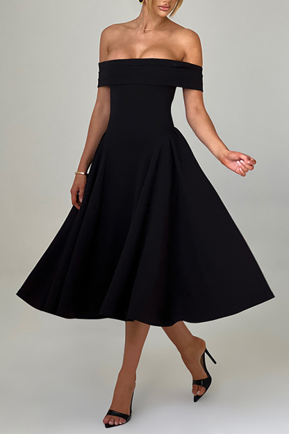 Boat Neck Draped Shoulder Cinch Waist Plain Gowns Midi Dresses-Black-Hayhty.All Rights Reserved.
