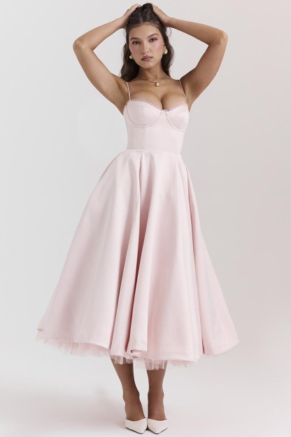 Elegant Cinch Waist Party Bridesmaid Tulle Layered Midi Slip Dresses-Pink-Hayhty.All Rights Reserved.