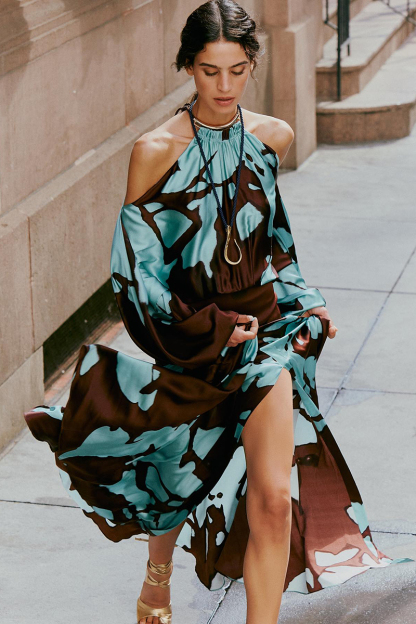 Cold Shoulder Halter Lantern Long Sleeve Cinch Waist Colorblock Maxi Dresses-Hayhty.All Rights Reserved.