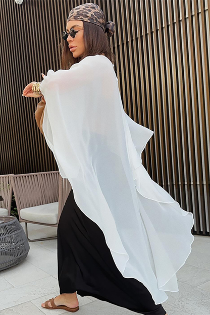 Round Neck Batwing Sleeve Irregular High-Low Flowy Top-White-Hayhty.All Rights Reserved.