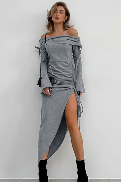 Off Shoulder Flare Sleeve Ruched Slit Knit Irregular Midi Dresses-Grey-Hayhty.All Rights Reserved.