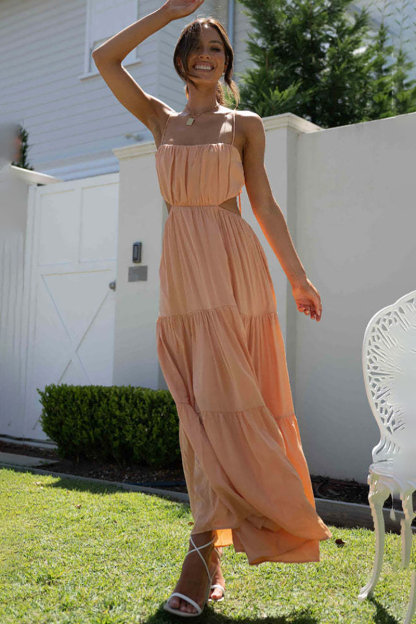 Ruched Cut Out Tiered Hem Vacation Slip Maxi Dress-Hayhty.All Rights Reserved.