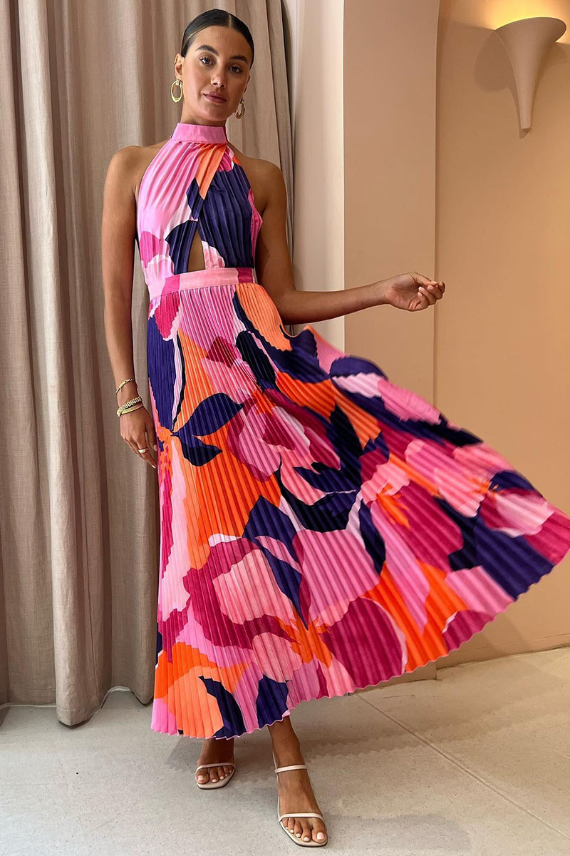 Halter Backless Floral Print Pleated Sleeveless Maxi Dresses-Hayhty.All Rights Reserved.