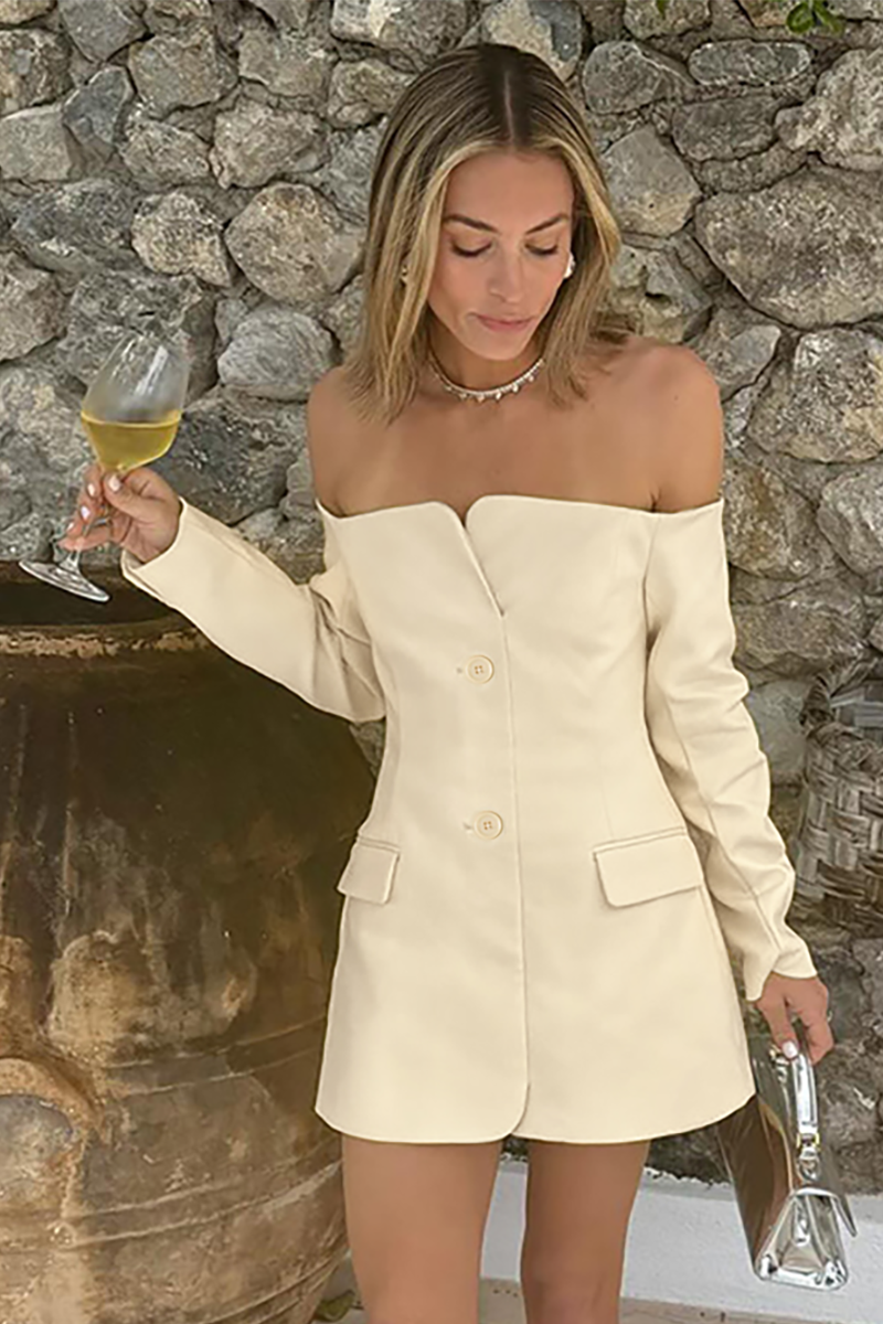 Off Shoulder Long Sleeve Button Up Slim Fit Mini Dresses-Beige-Hayhty.All Rights Reserved.