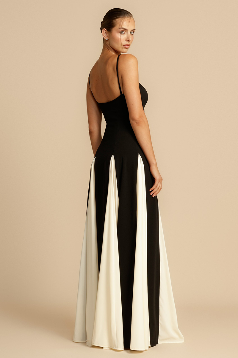 Colorblock Patchwork A-Line Flowy Slip Maxi Dresses-Black-Hayhty.All Rights Reserved.