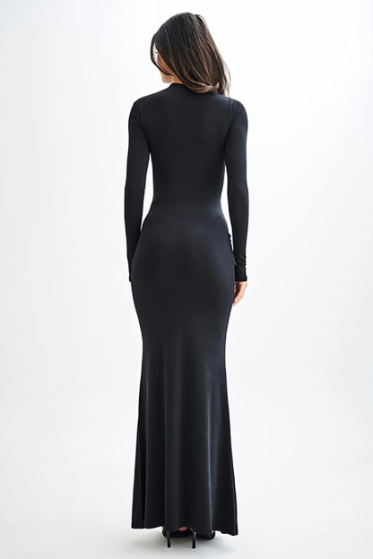 Round Neck Long Sleeve Ruched Bodycon Fishtail Maxi Dresses-Black-Hayhty.All Rights Reserved.