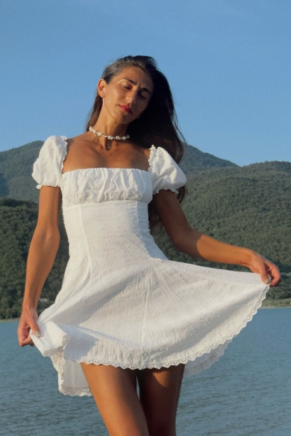 Square Neck Puff Sleeve Striped Godets Mini Dresses-White-Hayhty.All Rights Reserved.