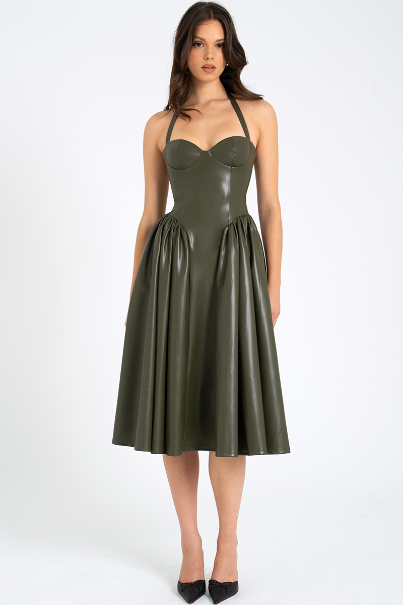 Halter Neck Corset Design Pleated Vegan Leather Midi Dresses-Olive-Hayhty.All Rights Reserved.