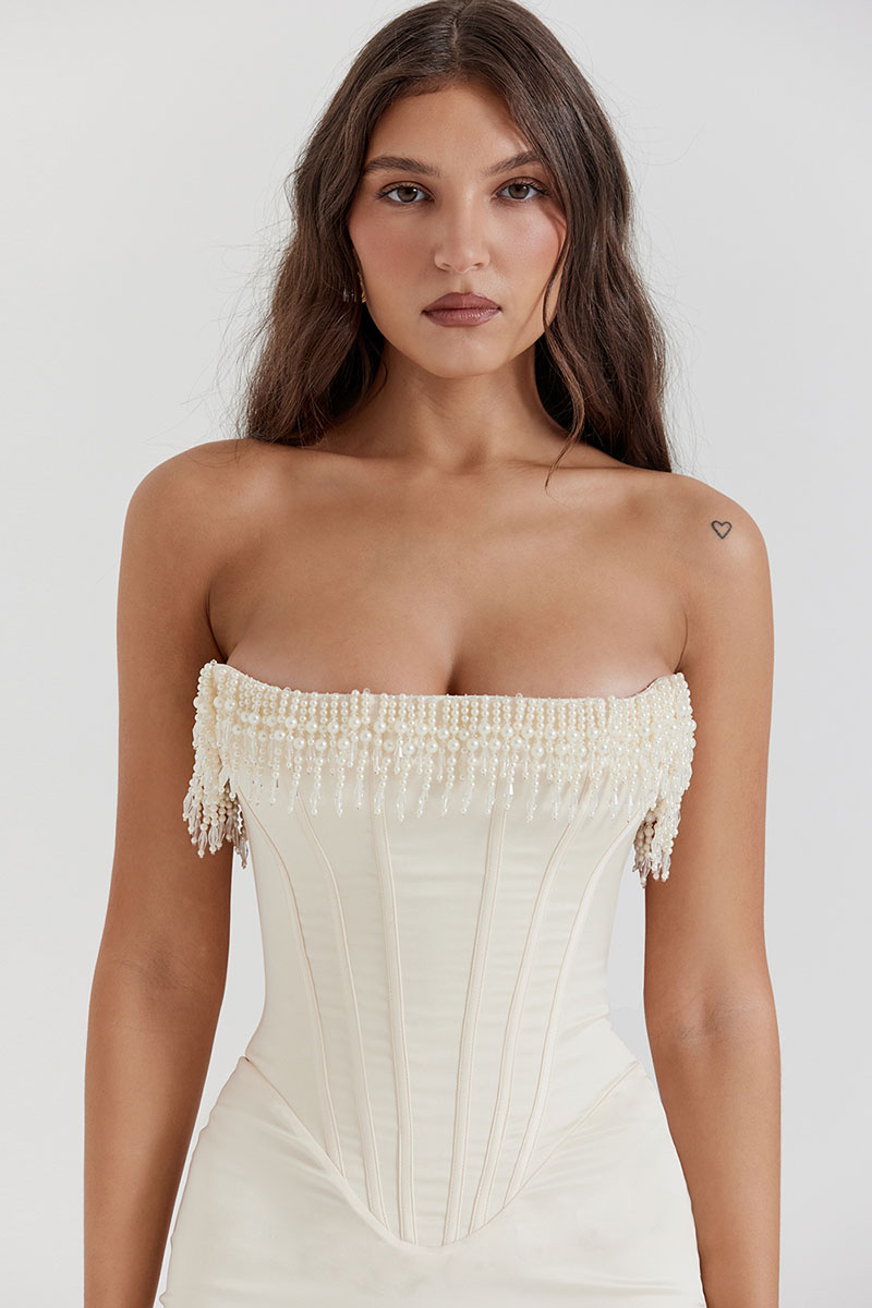 Beads Pearls Fringed Trim Strapless Corset Bodycon Midi Dresses-White-Hayhty.All Rights Reserved.