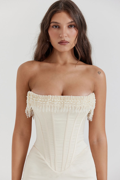Beads Pearls Fringed Trim Strapless Corset Bodycon Midi Dresses-White-Hayhty.All Rights Reserved.