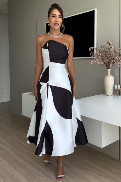 Colorblock Strapless A-Line Cocktail Party Midi Dresses-Black-Hayhty.All Rights Reserved.