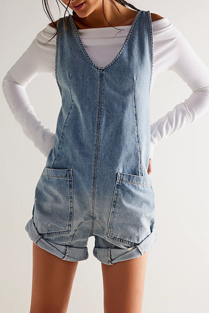 Deep V Neck Wide Straps Pockets Loose Fit Denim Casual Playsuit Romper-Blue-Hayhty.All Rights Reserved.