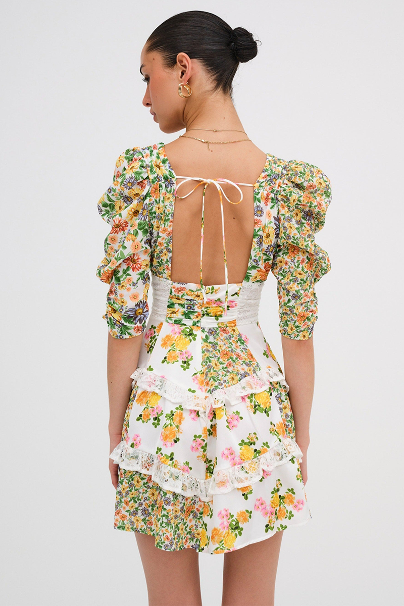 Floral Print V Neck Juliet Sleeve Lace Ruffled Trim A-Line Mini Dresses-Green-Hayhty.All Rights Reserved.