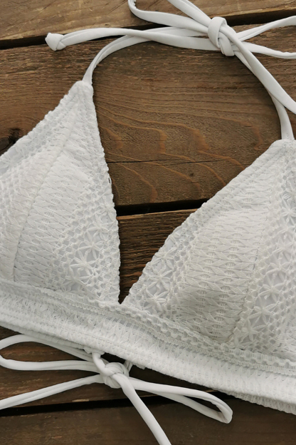 Lace Hollow Out White Tied Up Halter Deep V Neck 3-Piece Bikini Sets-Hayhty.All Rights Reserved.